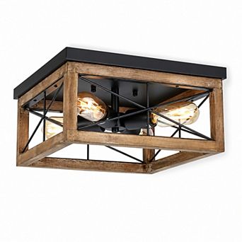 BAOURE Wood and Metal Farmhouse 4 Light Flush Ceiling Light for Kitchen Bedroom