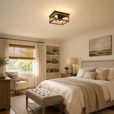 BAOURE Wood and Metal Farmhouse 4 Light Flush Ceiling Light for Kitchen Bedroom