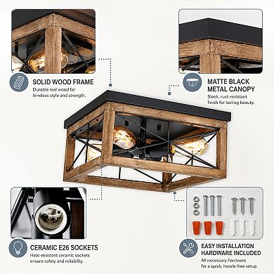 BAOURE Wood and Metal Farmhouse 4 Light Flush Ceiling Light for Kitchen Bedroom