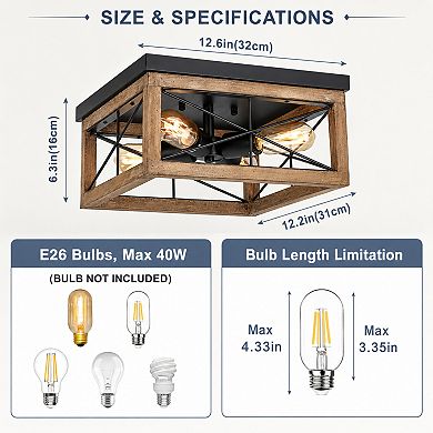 BAOURE Wood and Metal Farmhouse 4 Light Flush Ceiling Light for Kitchen Bedroom