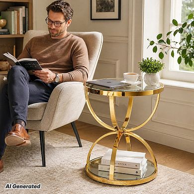 BAOURE Tempered Glass Iron Two Tier Modern Side Table For Living Room Bedroom Office