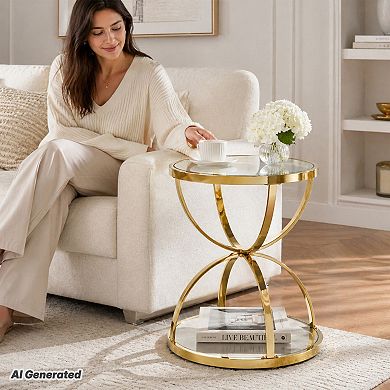 BAOURE Tempered Glass Iron Two Tier Modern Side Table For Living Room Bedroom Office