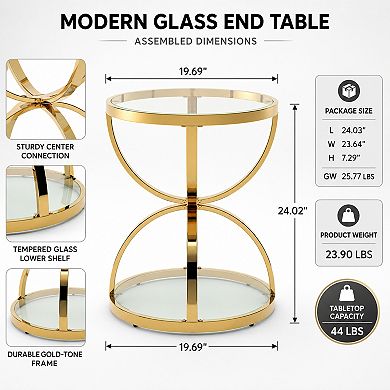 BAOURE Tempered Glass Iron Two Tier Modern Side Table For Living Room Bedroom Office
