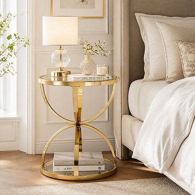 BAOURE Tempered Glass Iron Two Tier Modern Side Table For Living Room Bedroom Office