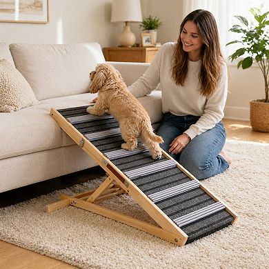 BAOURE Solid Wood Pet Dog Ramp 6 Adjustable Heights Non Slip Portable Pet Steps for Sofa