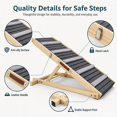 BAOURE Solid Wood Pet Dog Ramp 6 Adjustable Heights Non Slip Portable Pet Steps for Sofa