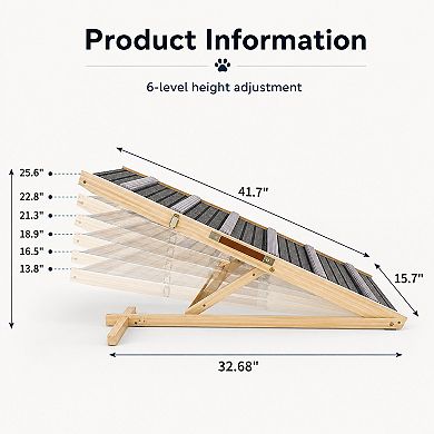 BAOURE Solid Wood Pet Dog Ramp 6 Adjustable Heights Non Slip Portable Pet Steps for Sofa
