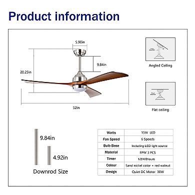 BAOURE Wood And Metal Ceiling Fan With Light Remote Control Quiet DC Motor 6 Speed