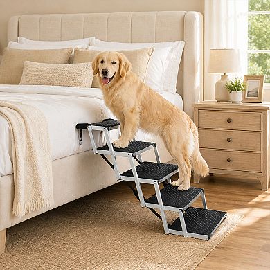 BAOURE Aluminum Foldable Five Step Dog Stairs Non Slip Surface Supports up to 250 Lbs