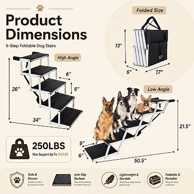 BAOURE Aluminum Foldable Five Step Dog Stairs Non Slip Surface Supports up to 250 Lbs