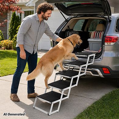 BAOURE Aluminum Foldable Five Step Dog Stairs Non Slip Surface Supports up to 250 Lbs