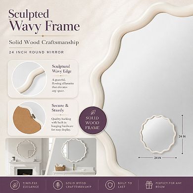 BAOURE Solid Wood Wavy Round Decorative Mirror For Bedroom Bathroom Living Room Use