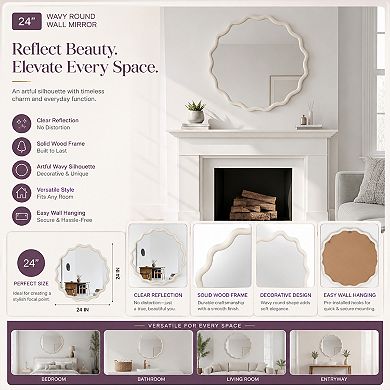 BAOURE Solid Wood Wavy Round Decorative Mirror For Bedroom Bathroom Living Room Use
