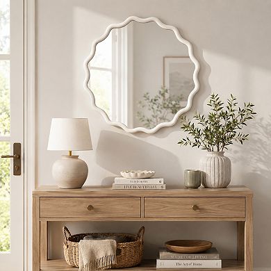 BAOURE Solid Wood Wavy Round Decorative Mirror For Bedroom Bathroom Living Room Use