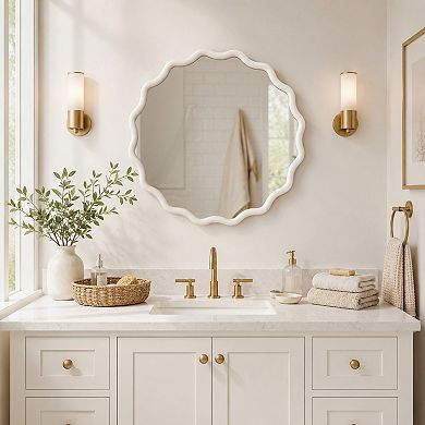 BAOURE Solid Wood Wavy Round Decorative Mirror For Bedroom Bathroom Living Room Use