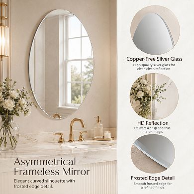 BAOURE Glass Modern Asymmetrical Bath Wall Mirror HD Copper Free Silver For Vanity
