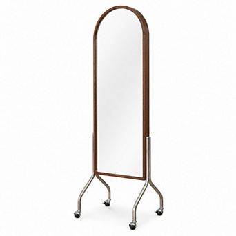 BAOURE Rubber Wood Arched Full Length Mirror With Storage Shelves And Wheels For Home