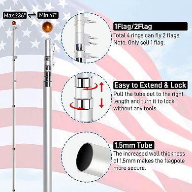 Telescopic Flag Pole Kit, 20FT Height Adjustable Heavy Duty Aluminum Flagpoles with 5x3 US Flag