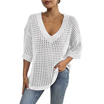 Women's V Neck Hollow Out Knit Sweater Crochet Pullover Tops