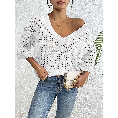 Women's V Neck Hollow Out Knit Sweater Crochet Pullover Tops