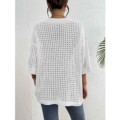 Women's V Neck Hollow Out Knit Sweater Crochet Pullover Tops