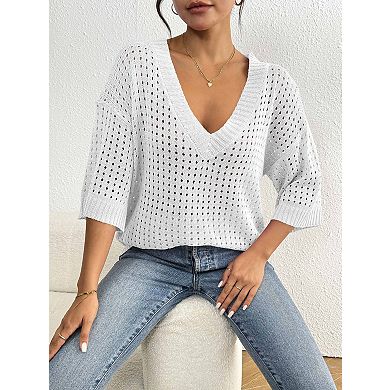 Women's V Neck Hollow Out Knit Sweater Crochet Pullover Tops