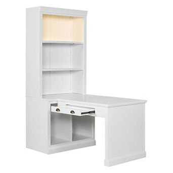 BAOURE White Solid Wood MDF 83.4 Inch Tall Bookshelf with Writing Desk LED Lighting Home Office Work