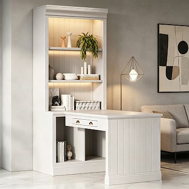 BAOURE White Solid Wood MDF 83.4 Inch Tall Bookshelf with Writing Desk LED Lighting Home Office Work