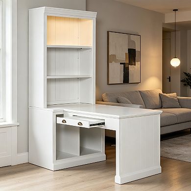 BAOURE White Solid Wood MDF 83.4 Inch Tall Bookshelf with Writing Desk LED Lighting Home Office Work