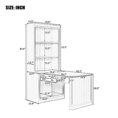 BAOURE White Solid Wood MDF 83.4 Inch Tall Bookshelf with Writing Desk LED Lighting Home Office Work