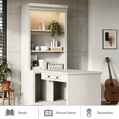 BAOURE White Solid Wood MDF 83.4 Inch Tall Bookshelf with Writing Desk LED Lighting Home Office Work