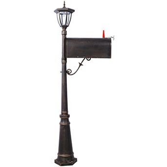 BAOURE Brown Cast Aluminum Solar LED Light Mailbox and Heavy Duty Post Combination Kit