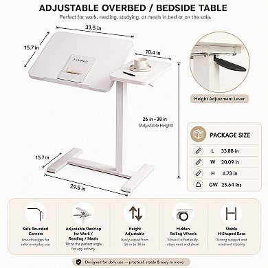 BAOURE MDF and Metal Height Adjustable Mobile Overbed Desk with Tilting Top and Wheels
