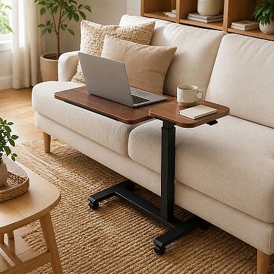 BAOURE MDF and Metal Height Adjustable Mobile Overbed Desk with Tilting Top and Wheels