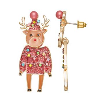 Reindeer Sweater Gold Tone Dangle Post Earrings
