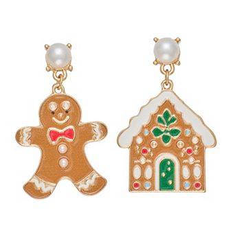 Gingerbread House Mismatch Gold Tone Post Dangle Earrings