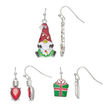 Christmas Trio Silver Tone Polished Dangle Earrings Set