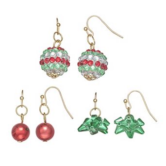 Christmas Trio Gold Tone Fishhook Earrings Set