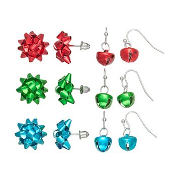 Bows and Bells Silver Tone Polished Fishhook & Stud Earrings