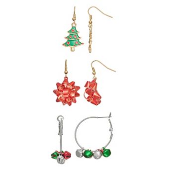 Christmas Trio Bows, Bells, and Trees Polished Dangle Earrings Set