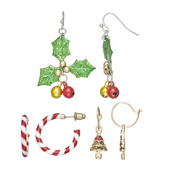 Christmas Trio Tree and Mistletoe Polished Fishhook & Post Earrings Set