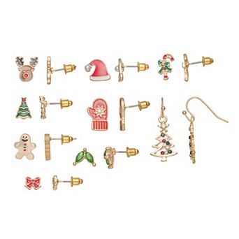 Christmas Gold Tone 9-Pair Fishhook & Post Earrings Set
