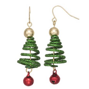 Spiral Christmas Tree Gold Tone Dangle Fishhook Earrings