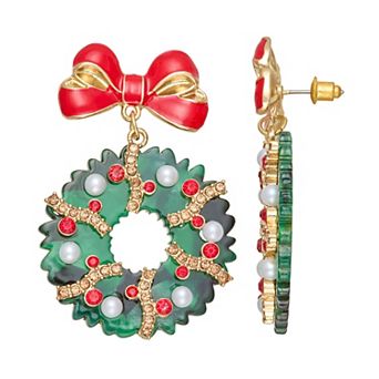Holiday Wreath Gold Tone Acrylic Post Dangle Earrings