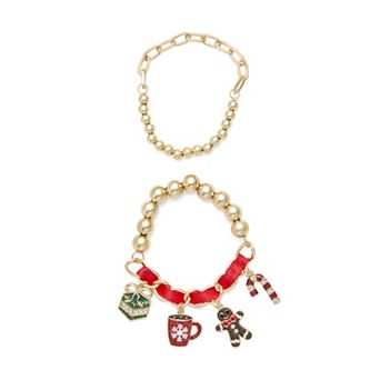Gold Tone Polished Beaded Charm Bracelet Set
