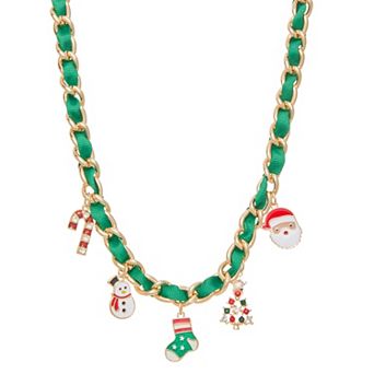 Gold Tone Holiday Charms Ribbon Necklace