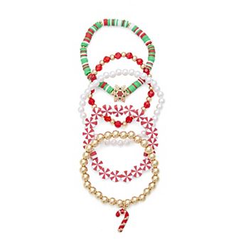 Gold Tone Candy Cane Polished 5 pc Stretch Bracelet Set