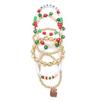 Gold Tone Merry 6 pc Beaded Stretch Bracelet Set