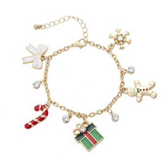 Gold Tone Christmas & Bow Polished Charm Bracelet