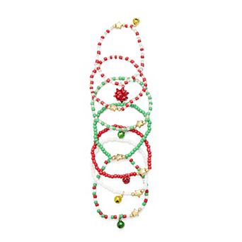 Gold Tone Christmas Jingle Bells 7 pc Beaded Stretch Bracelet Set